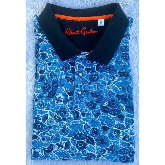 Robert Graham Amaro SZ XL Blue Floral Print Collared Polo Shirt - Picture 9 of 11